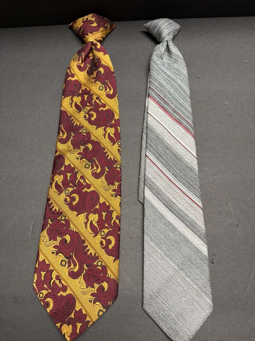 Vintage Wembley Wemlon Set of 2 Clip-On Ties - Gold Paisely and Grey Stripe Patt
